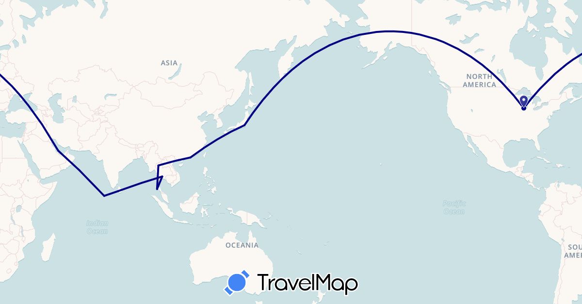 TravelMap itinerary: driving in China, Japan, Sri Lanka, Maldives, Qatar, Thailand, United States (Asia, North America)